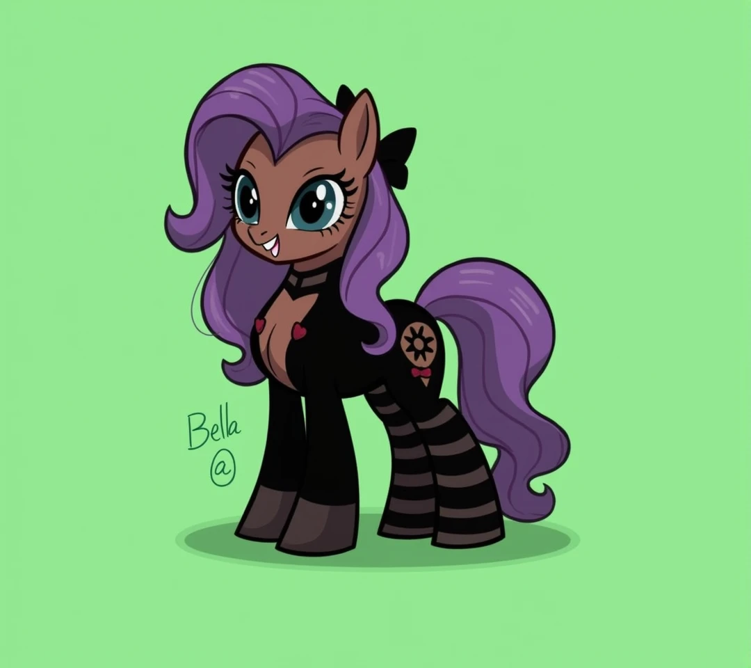(My little pony), detailed face, black panties, purple hair, dark brown body, dark blue eyes, eyelids, eyeshadow, bow, big breasts, seductive face, (high detailed), black panties, striped stockings, text "Белла", cleavage line