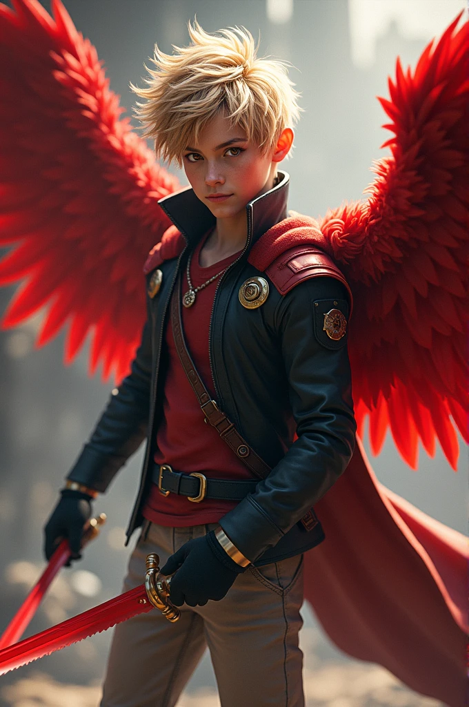 *He has messy, spiky blond hair, golden-brown eyes, and red wings on his back. He's wearing his hero costume consisting of a dark jacket, light-colored pants, and gloves, and he's also holding his red feather sword, artgerm, artstation, full body view, cinematic and smooth lighting*