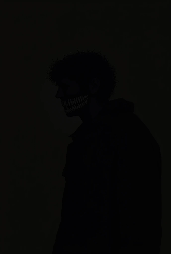 Side view silhouette of anonymous person smiling creepily while looking to the side with black background