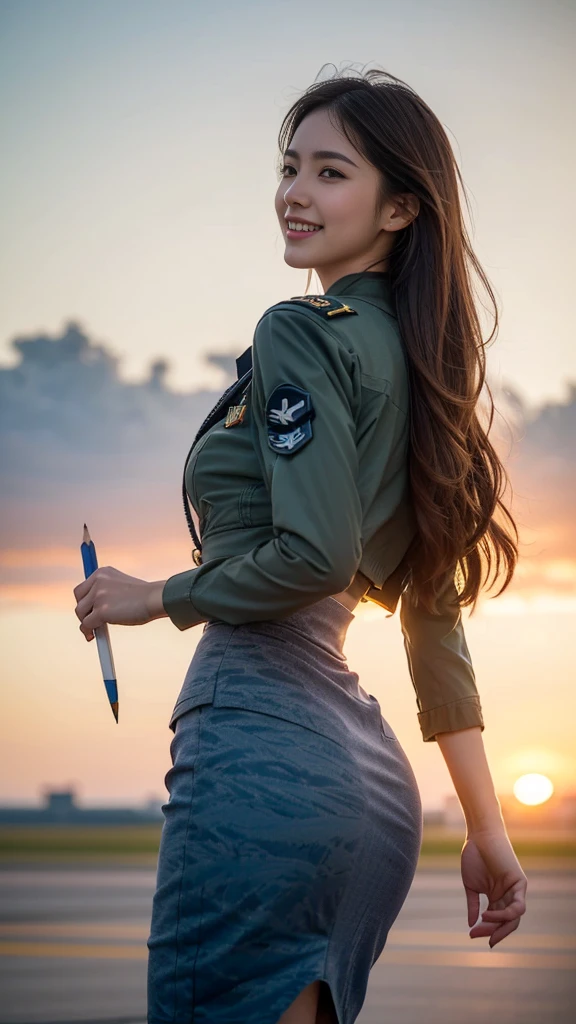 (highest quality, 8K, 32k, masterpiece, uhd:1.2), (realistic:1.5), (masterpiece, Highly detailed CG Unity 8K wallpaper, highest quality, High resolution:1.2), (Super detailed, uhd:1.2), Photo of extremely cute and beautiful Japanese woman, (Long wavy chestnut hair:1.2), adult, (detailed beautiful girl:1.4), highest quality, woman, adult, (Detailed US Air Force Pilot Uniform:1.5), (High waist pencil micro skirt:1.3), (Beautiful sunset us air force base runway view background:1.2), (mig 29、F-22、air force plane)laugh shyly:1, looking at the sky, towards the audience, ((Perfect woman&#sexy body)), (tight waist:1.40), (Image of the whole body), thin, abs, beautiful body, big ass and big breast, (big breasts:3.25)(big Butt 3.55),assemble the head, wind, dynamic pose, cinematic light, Backlight, fine clothes, perfect anatomy, perfect proportions, detailed human body, Stylish model in sexy bent over One hand is raised in the air, pose,nude nsfw,soft expression、smile、Sexy slit thighs and beautiful legs、A sneak peek of abs、A glimpse of her no underwear , Camara form behind,