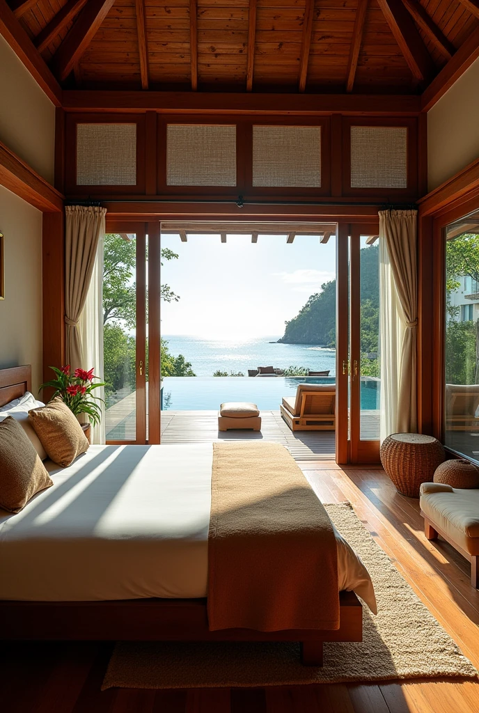 Joglo wooden house
Big bedroom , with rattan and wood furniture, deck wooden floor
Open window and door , beautiful swimming pool view and beach view