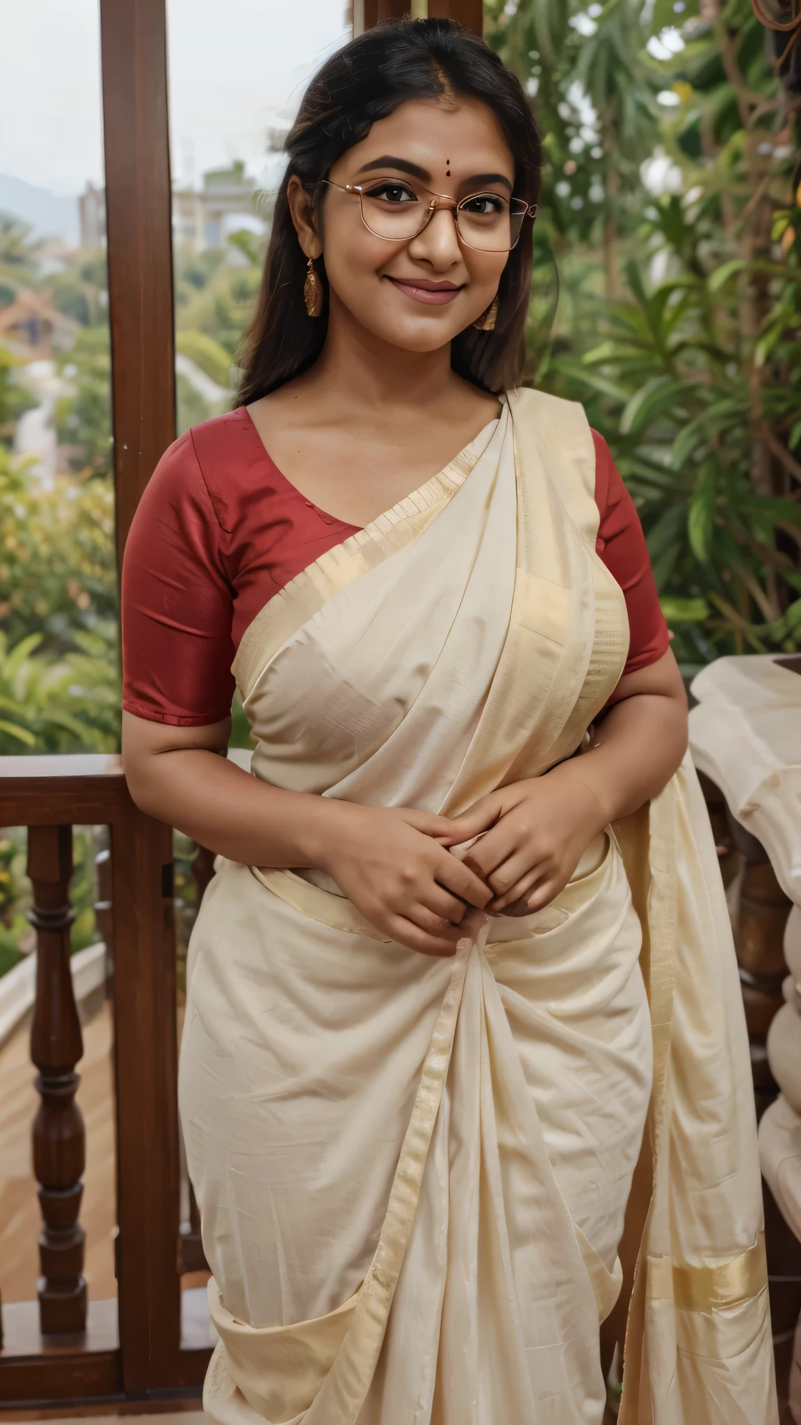 Indian woman wearing wearing (onam saree), (young woman), 20 years old, (chubby cheeks:1.4), (curvy figure:1.3), (eyeglasses), (bindi), An Indian beauty, charismatic, light Indian- skin, view the viewer, naughty smile, luxurious villa in background, both eyes are the same, full-body shot, hd, 2k, 4k , 8k, 16