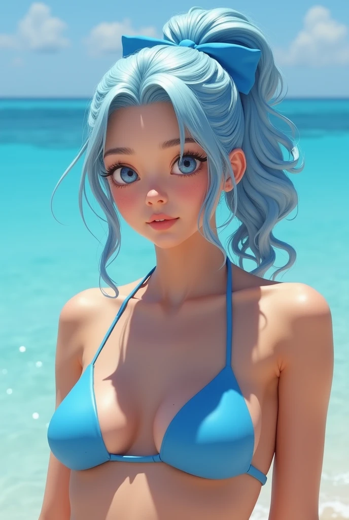 A girl in her 20s wearing a blue bikini　　Light blue hair ponytail　Blue ribbon on top of head　The bangs are parted　Side hair is curled