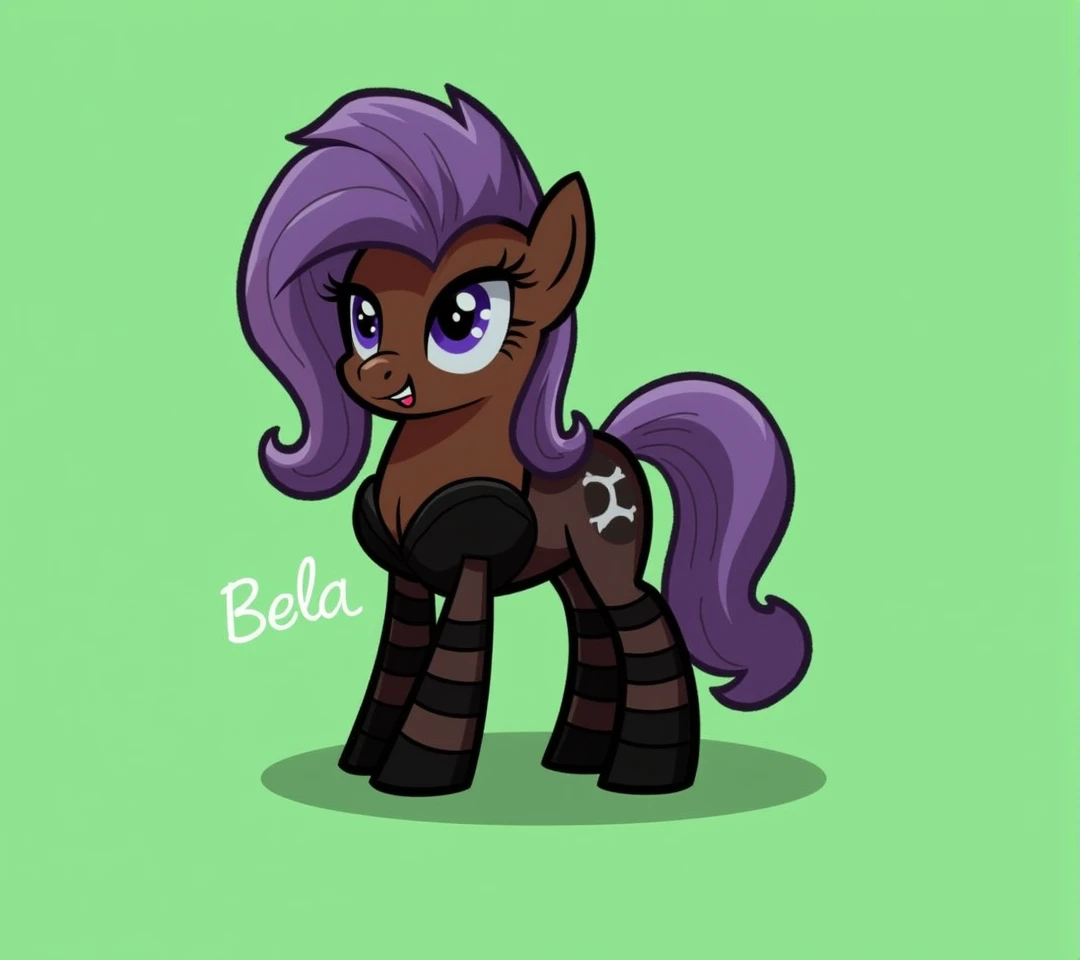 (My little pony), detailed face, black panties, purple hair, dark brown body, dark blue eyes, eyelids, eyeshadow, bow, big breasts, seductive face, (high detailed), black panties, striped stockings, cleavage, text "Bella"