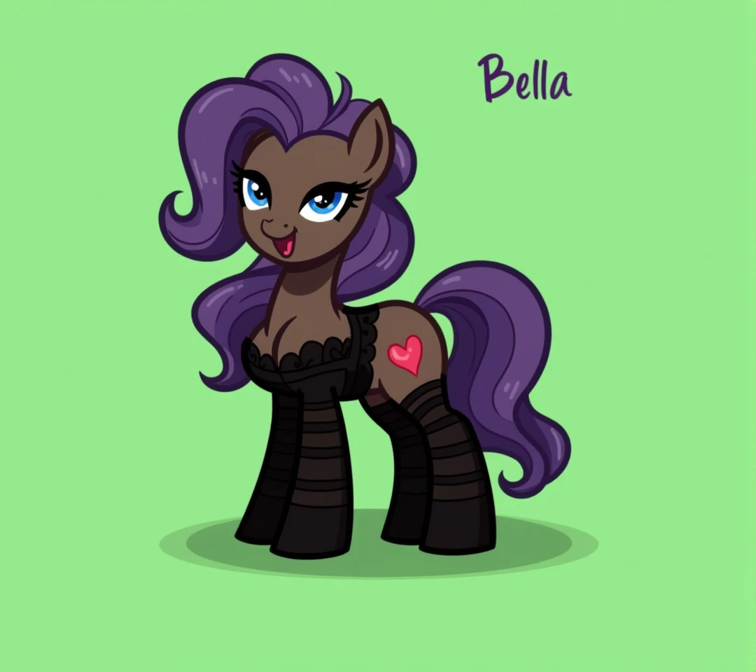 (My little pony), detailed face, black panties, purple hair, dark brown body, dark blue eyes, eyelids, eyeshadow, bow, big breasts, seductive face, (high detailed), black panties, striped stockings, cleavage, text "Bella"
