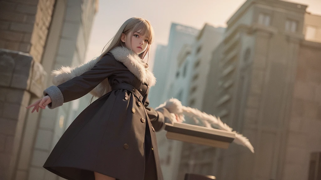 masterpiece、Highest quality、1 girl, winter, Gray Hair, pretty girl, smile, Close the mouse, Medium chest, White Dress, winter clothes, Fur coat、Narrow waist、Thin legs、Outdoor, it's snowing