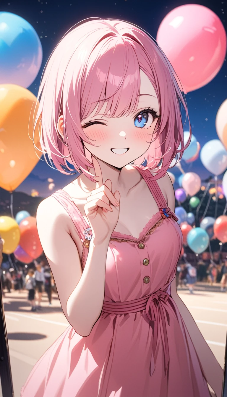 (1 girl),(Best Picture Quality, 8K, Masterpiece:1.3), (high school student:1.5), ((pink lob hair:1.1)), (bob cut),(swept bangs), (cute eyes, pupil black, iris skyblue, youthful face), (mole under right eye), (standard weight), (small breasts),(big hip), (glistening skin:1.1),(pale skin:1.2),(happy:1.3),(one eye closed),(pink sundress),(Albuquerque International Balloon Fiesta),(in the night),((pov)),(index finger raised),(Front Light).
