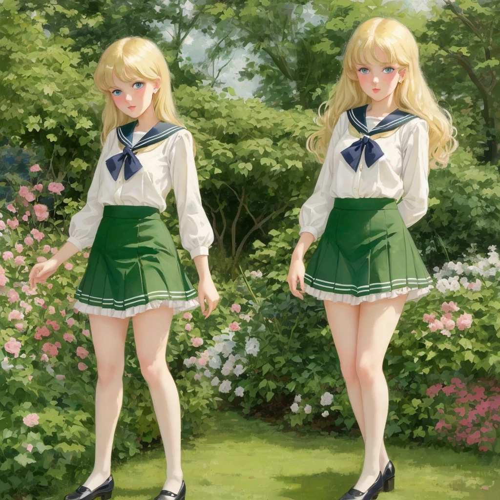 7 girls, long hair, Big , Blushing, blond, Green-eyed sailor suit short skirt 1933 style cute and beautiful girl 18 years old in the garden beautiful long legs high resolution, best quality, masterpiece, Lift skirt mini skirt take off clothes