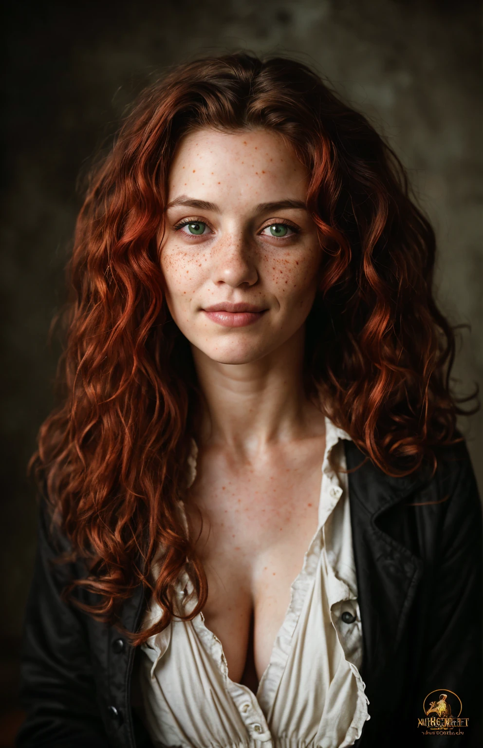 (close-up, editorial photograph of a 21 year old woman), (highly detailed face:1.4) (smile:0.7) (background inside dark, moody, private study:1.3) POV, by lee jeffries, nikon d850, film stock photograph ,4 kodak portra 400 ,camera f1.6 lens ,rich colors, hyper realistic ,lifelike texture, dramatic lighting , cinestill 800, wavy hair, messy hair, curls, Mischievous smirk, red hair, green eyes, freckles, white skin, black old west clothes, Gunslinger old west Black jacket, european woman, european skin, european expression, Athletic, masterpiece, western
