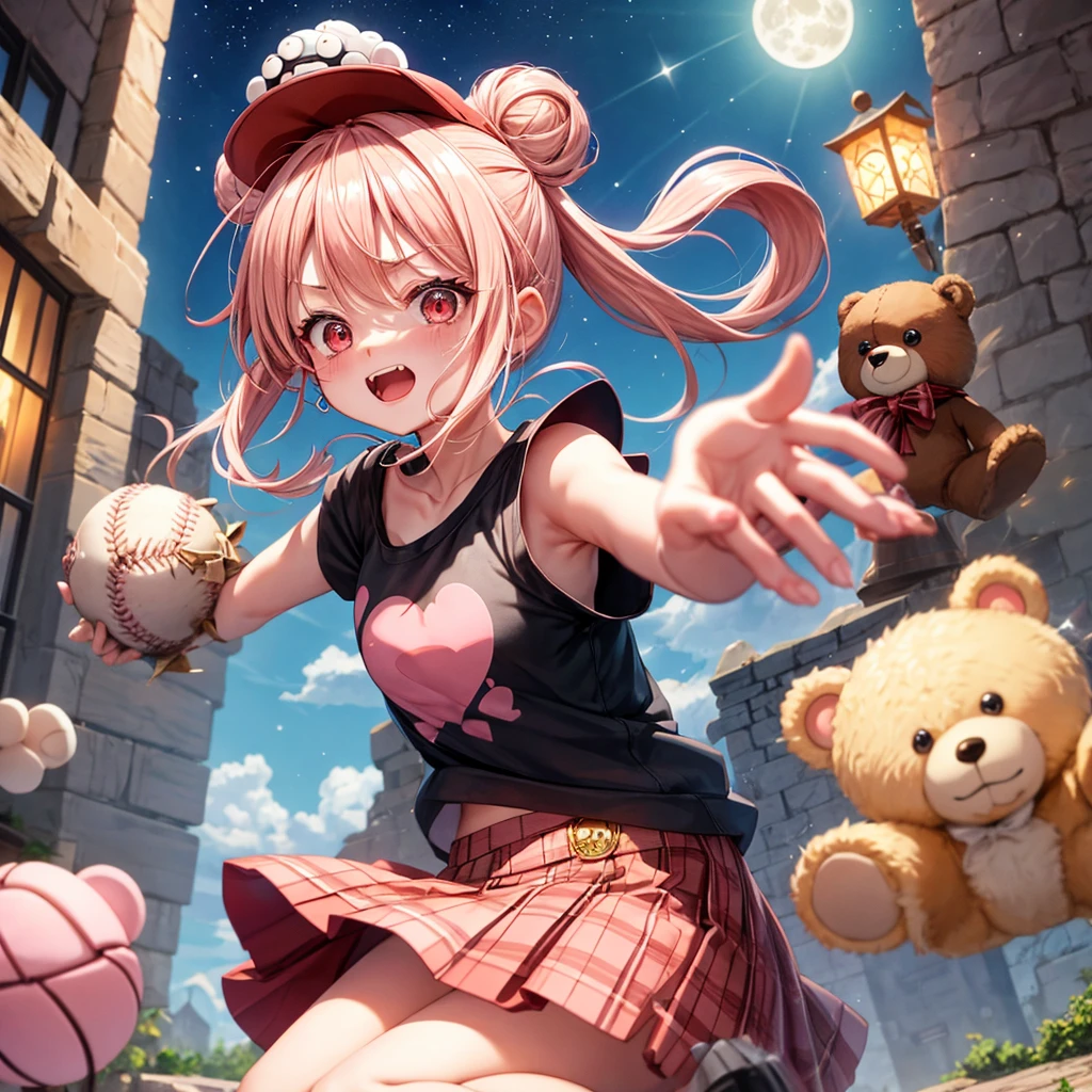 Pink Blonde、Red eyes、Hair tied up、One cute girl、solo、And soul、Light clothing、Checked mini skirt、black t-shirts、one piece、bear ears baseball cap、large tree、Thundercloud、Burning Full Moon、desert、Stones are piled up、Teeth are visible、Fortress City、Tilting face、Starry Sky、firework、A teddy bear is jumping
