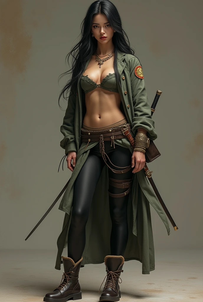 4K, realistic, Very detailed, naked, she is a samurai, military theme, Soft clothing, long hair, wear leggings, 25 years, whole body, wear Gucci shoes
