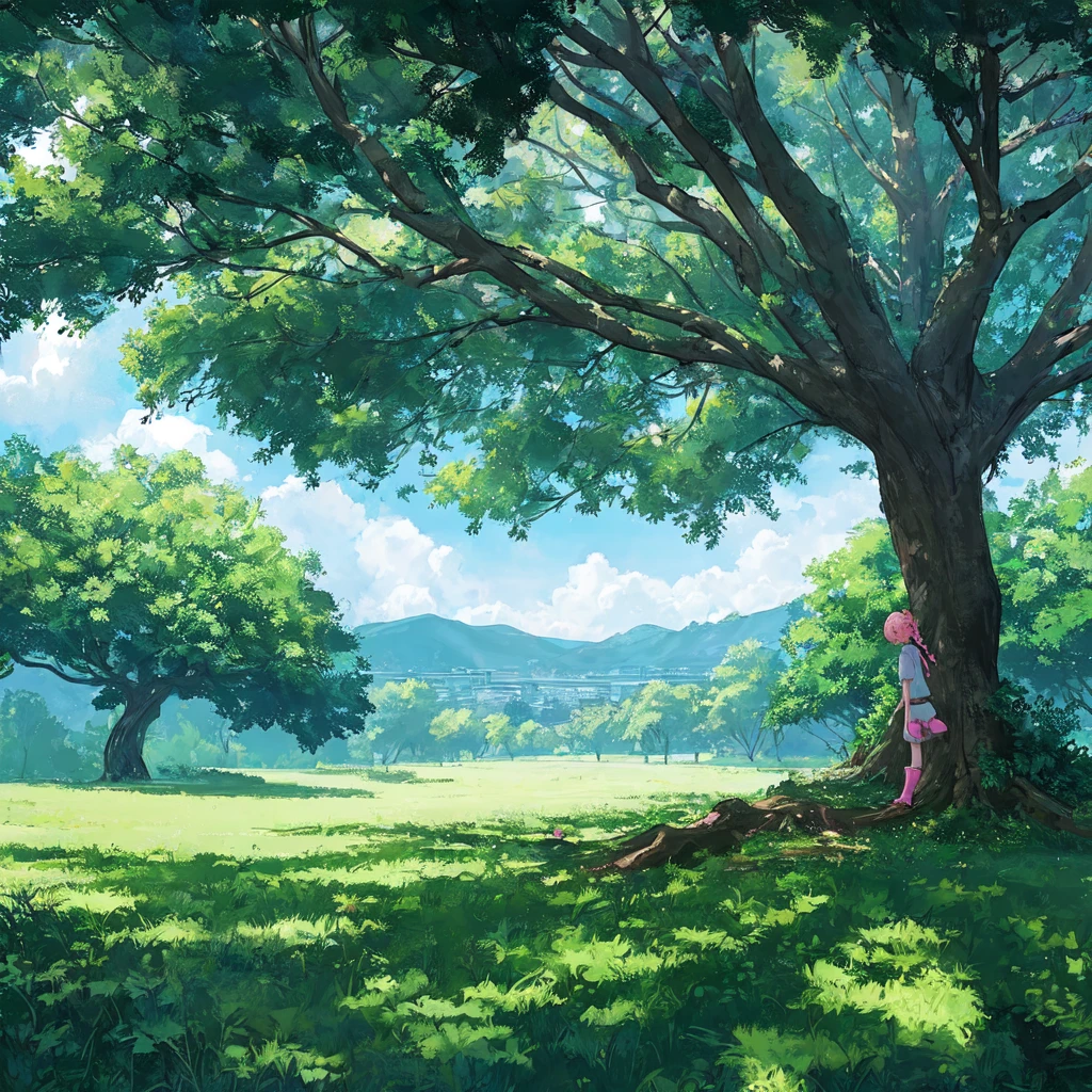 Back view of a girl standing under a tree and looking up at it。Girl with a single braided hairstyle、Pink jersey pants、Short sleeve、Pink boots。