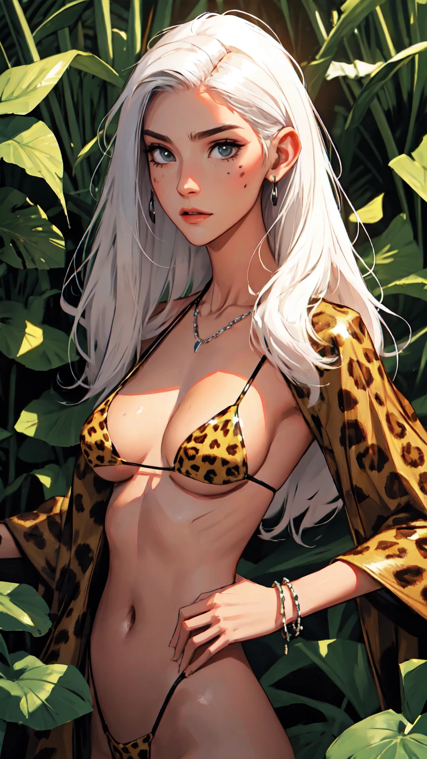 （lifelike， high - resolution：1.3）， 1 girl with a perfect body，slender body, Super fine face and eyes，assasin, dark makeup, shiny skin，white hair,  (jungle outfit, cheetah print micro bikini)，Expose cleavage, bracelets, natural jewelry, necklaces