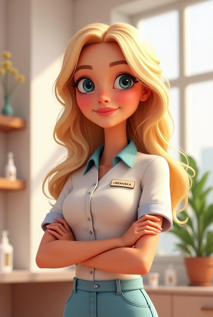 A blonde woman with blue eyes,length hair, work clothes as a beautician, name tag on clothing "URBANSKA" pixar art.