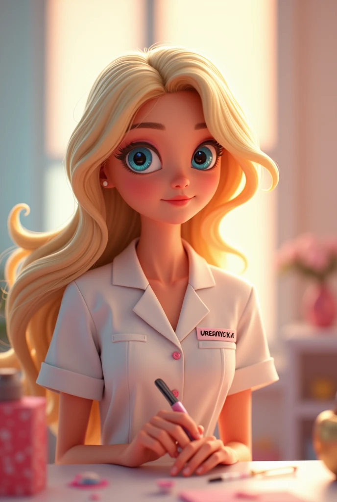 A blonde woman with blue eyes,length hair, work clothes as a beautician, name tag on clothing "URBANSKA" pixar art.