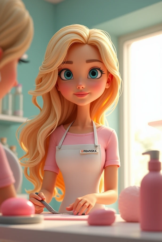 A blonde woman with blue eyes,length hair, work clothes as a beautician, name tag on clothing "URBANSKA" pixar art.