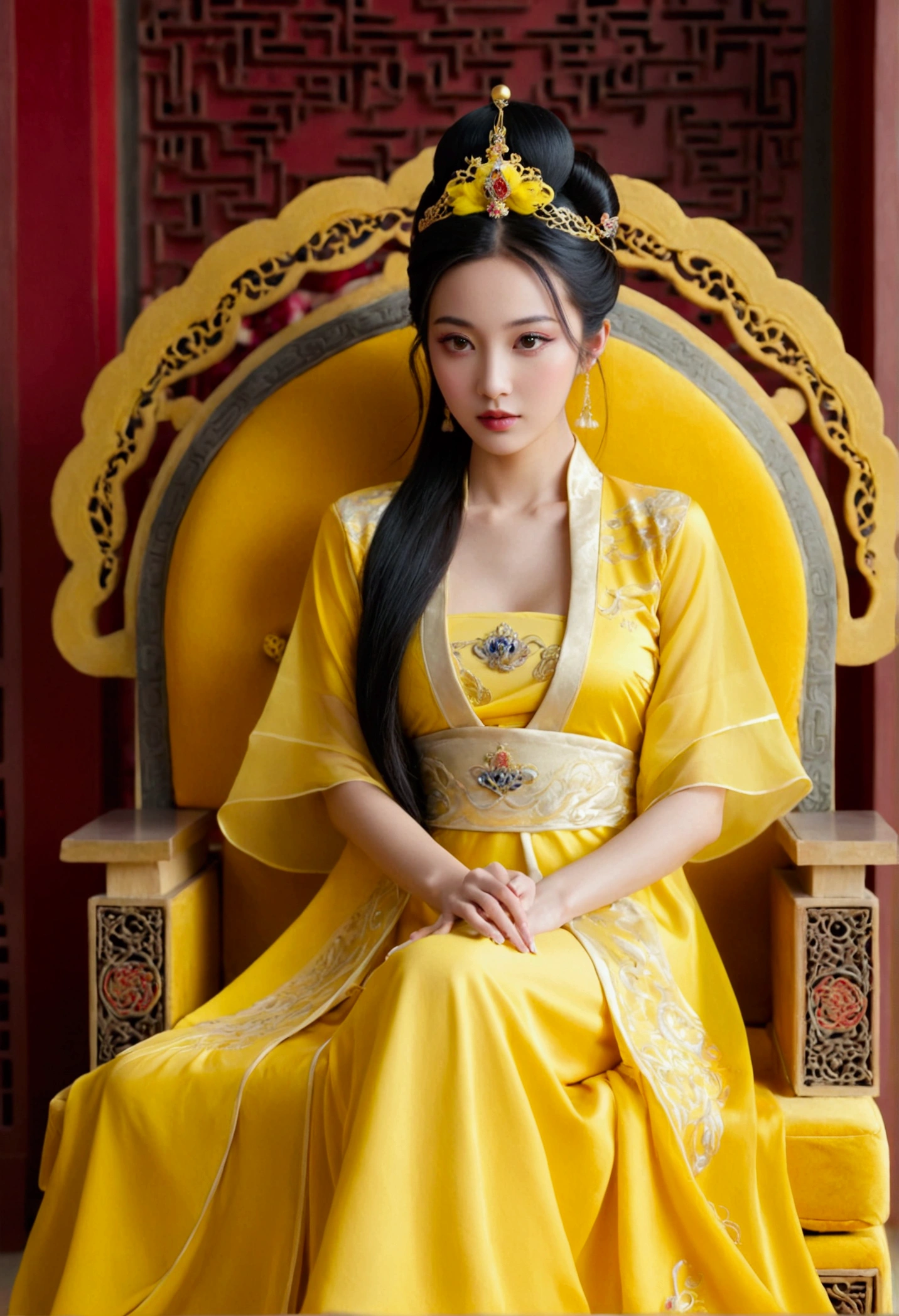 8K, UHD, masterpeiece,best quality, 1 girl, detailed face, detailed eyes, very long hair, long straight hair, small breasts, very detailed dress, kimono costume, goolden costume, ((golden lace)), sardine, flowing sardine, jwellery, earring, ornaments, flower, evening, lake, water, sunset, depth of field, glowing light, god rays, reflection light, bloom, looking at viewer, sitting,