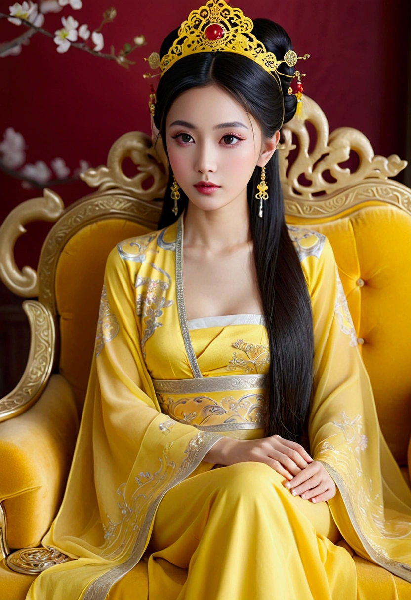 Arabian Asian woman in a yellow dress sitting on a yellow sofa, Beautiful Fantasy Empress, Empress of China, Chinese Princess, ((Beautiful Fantasy Empress)), palace , Girl in Han Dress, Japanese Goddess, Sit in royal comfort, Gorgeous Chinese Model, Chinese Fantasy, Chinese Girl, on her throne, ancient Chinese Princess, oriental fantasy, Young Goddess