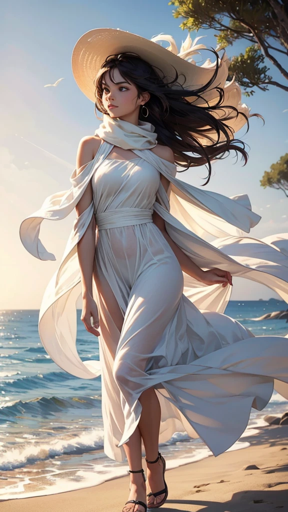 Pose: Woman standing with her hair being blown by the wind, looking into the distance or at the camera.Expression: Serene and confident, with a hint of a smile or a calm gaze.Attire: Flowy dress, casual yet stylish outfit, or beachwear that complements the wind-swept theme.Hair: Loose and flowing, allowing the wind to create natural movement and volume.Makeup: Natural and glowing, with soft tones that emphasize her natural beauty.Background: An open natural setting such as a beach, a cliffside, a meadow, or a windswept cityscape.Lighting: Natural light, preferably during golden hour, to create a warm, radiant glow.Accessories: Minimal, such as delicate earrings or a flowing scarf that adds to the wind-swept effect.Props: Optional, such as a wide-brimmed hat, a flowing shawl, or a light fabric that catches the wind.Mood: Free-spirited, dynamic, and effortlessly beautiful.