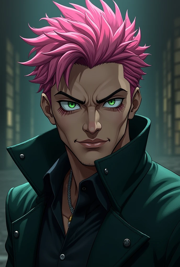 A very handsome male character in his 30s who looks bad as a villain from the Boku no hero academi series who has the following short pink hair , the character has a strong look, character has green eyes .