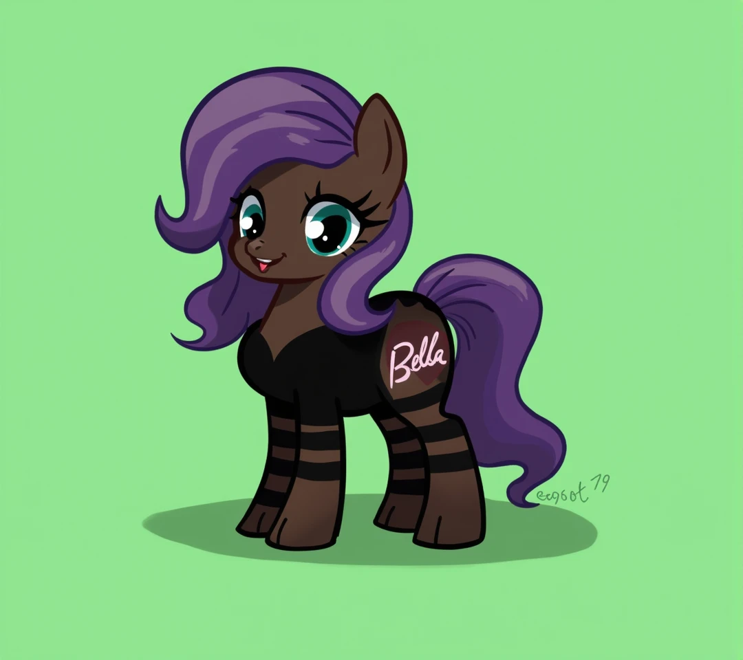 (My little pony), detailed face, black panties, purple hair, dark brown body, dark blue eyes, eyelids, eyeshadow, bow, big breasts, seductive face, (high detailed), black panties, striped stockings, cleavage line, text "Bella"