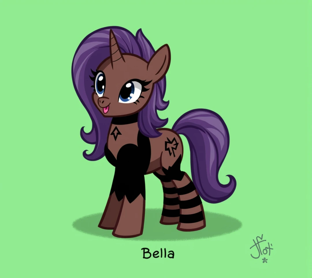 (My little pony), detailed face, black panties, purple hair, dark brown body, dark blue eyes, eyelids, eyeshadow, bow, big breasts, seductive face, (high detailed), black panties, striped stockings, cleavage line, text "Bella"
