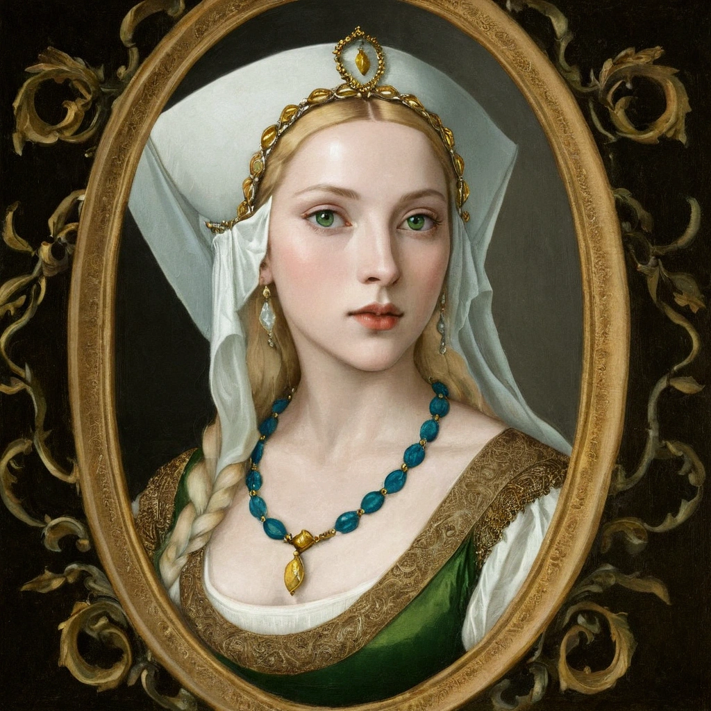 arafed picture of a blonde woman with a green eyes and white headdress and a blue and gold necklace, renaissance digital painting, in the art style of bowater, inspired by Hans Holbein the Elder, masterpiece! portrait of arwen, inspired by Hans Holbein the Younger, baroque digital painting, inspired by Jeanne Hébuterne, portrait of princess, princess portrait,tudor hat,1500s