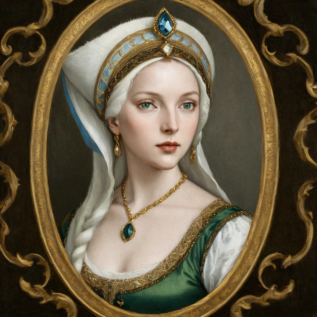 arafed picture of a blonde woman with a green eyes and white headdress and a blue and gold necklace, renaissance digital painting, in the art style of bowater, inspired by Hans Holbein the Elder, masterpiece! portrait of arwen, inspired by Hans Holbein the Younger, baroque digital painting, inspired by Jeanne Hébuterne, portrait of princess, princess portrait,tudor hat,1500s