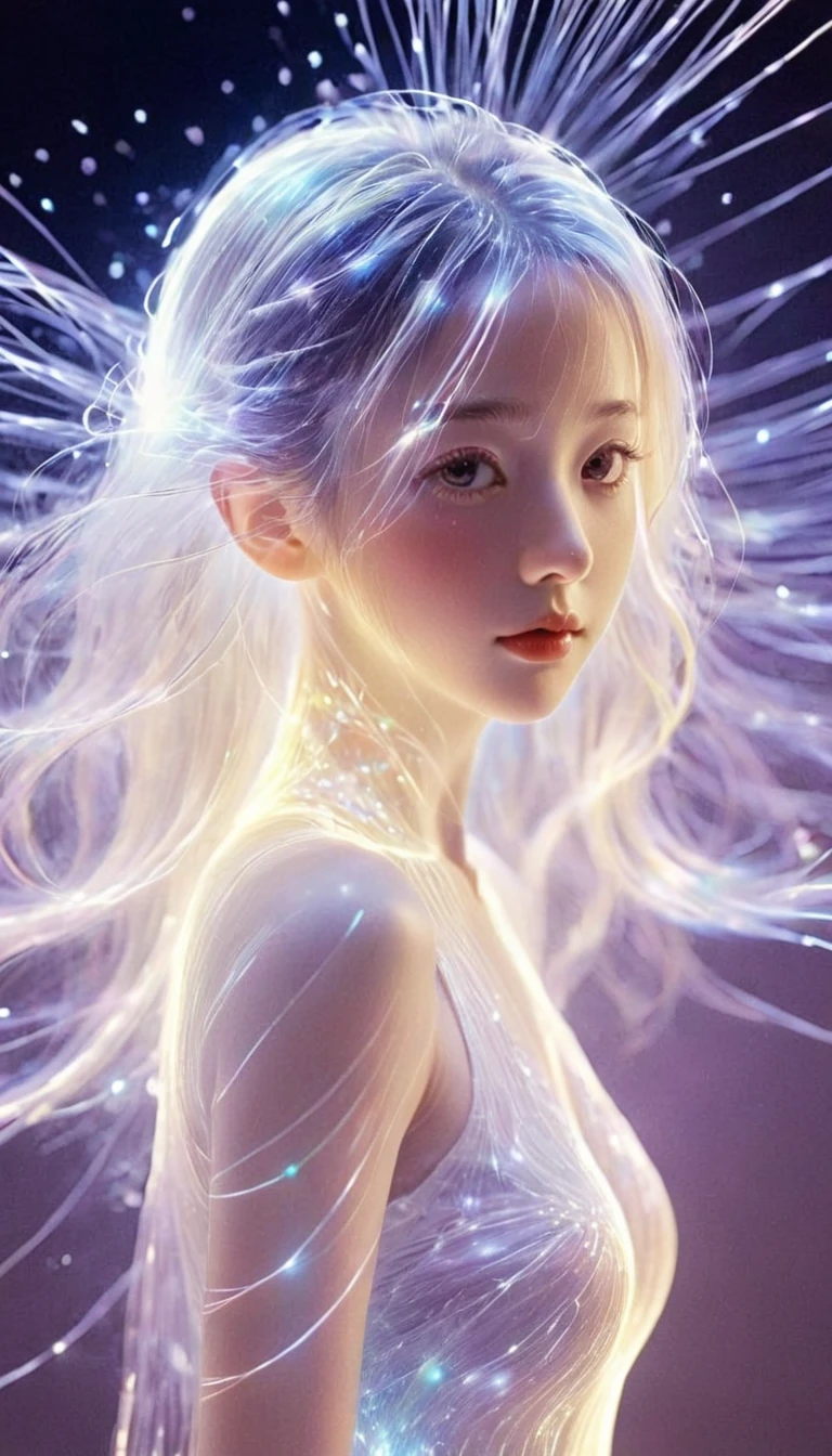 bailing_particles,bailing_lines,Lines of light,Particles of Light,A girl made of particles,The density of lines at the finger part is high,(white hair:0.3),