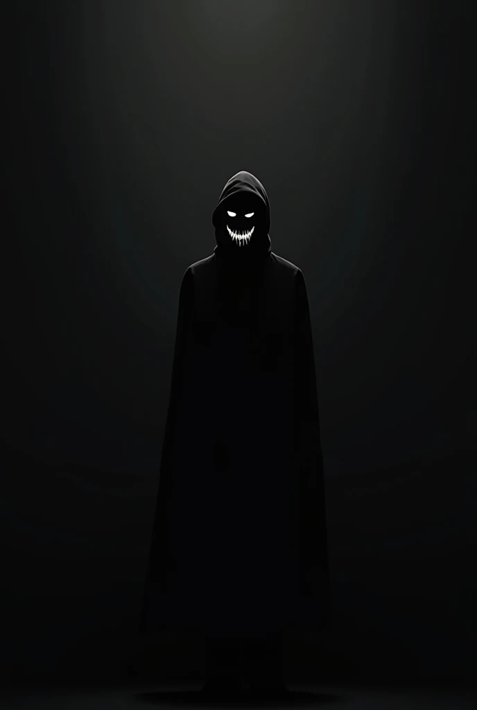 silhouette of anonymous person, smiling creepily, looking back to you, with black background
