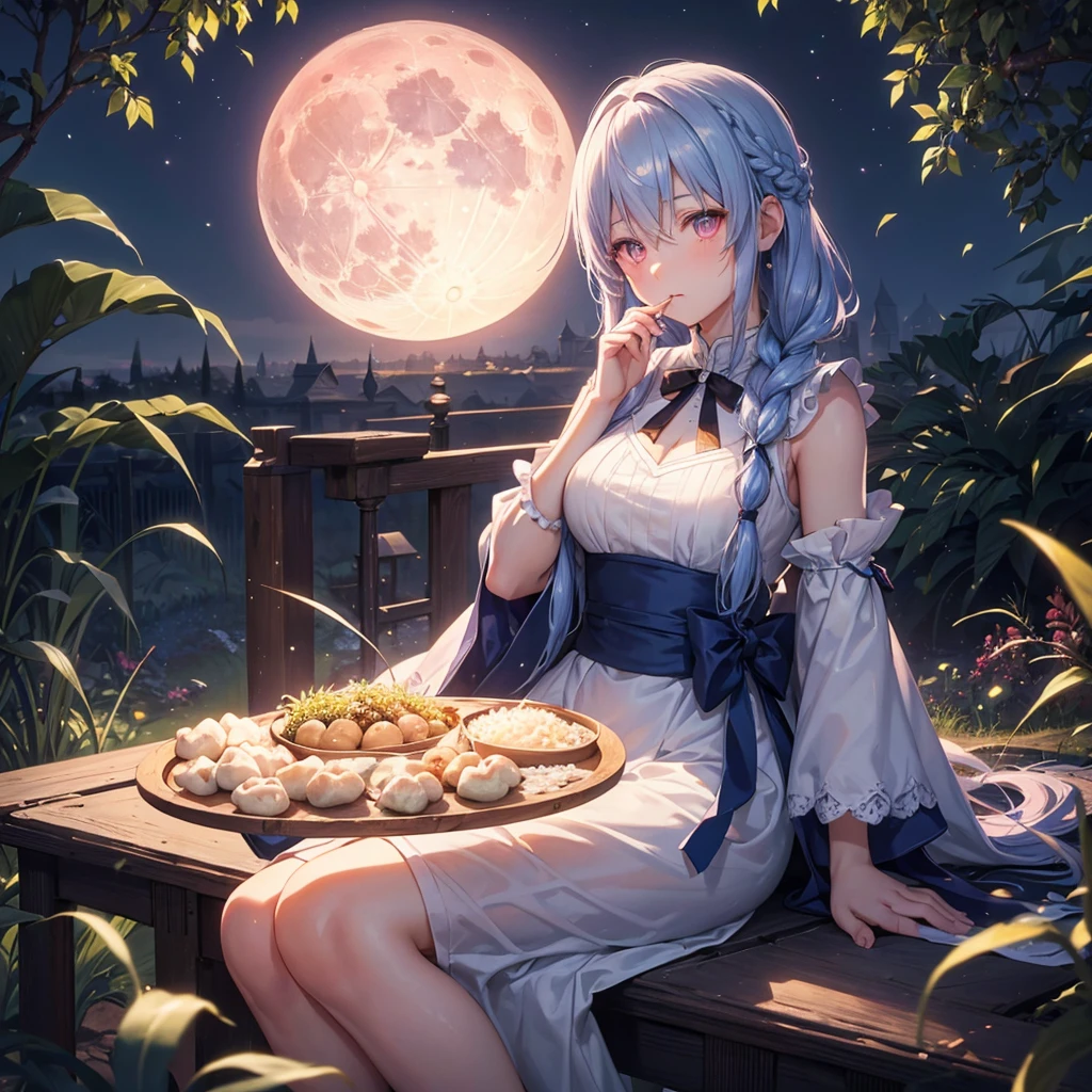 (Sky blue braided medium length hair), (Pink eyes),(Fair skin)  ,(whole body),(One Girl),(harvest moon),(A large amount of Miscanthus sinensis in the background),(full moon),(masterpiece, Highest quality, Very detailed, Best Shadow), (Detailed Background), (Beautifully detailed face), High Contrast, (Best lighting, Very delicate and beautiful), ((Cinematic Light)), Hyper Detail,8k, Dramatic Light, Intricate details,(sitting down to eat rice dumplings)