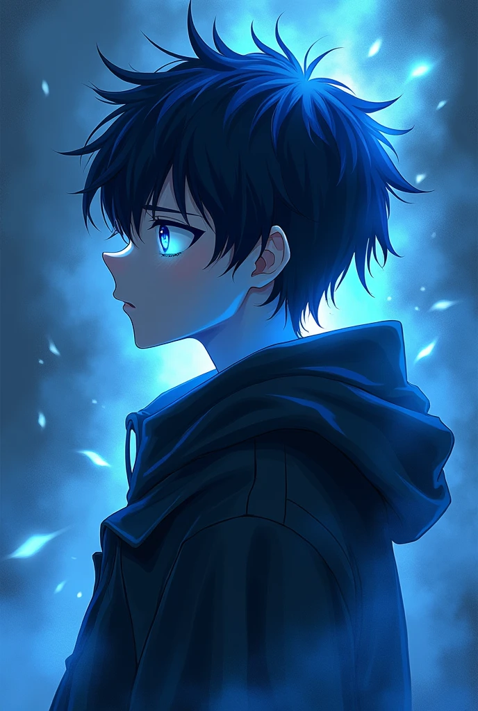 Anime Boy shadow with dark blue hair and dark blue glowing eyes doing cracking neck pose with blue mist