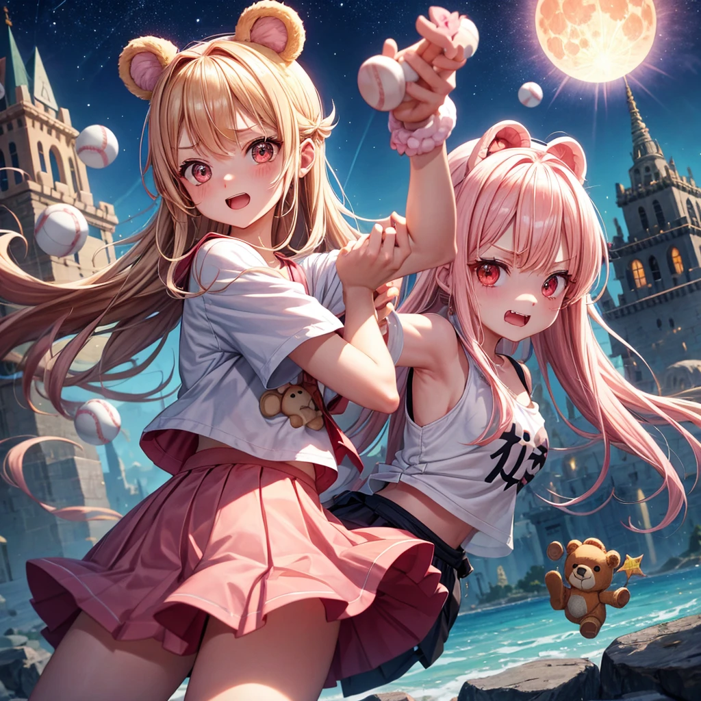 Pink Blonde、Red eyes、Hair tied up、One cute girl、solo、And soul、Light clothing、Checked mini skirt、black t-shirts、one piece、bear ears baseball cap、large tree、Thundercloud、Burning Full Moon、desert、Stones are piled up、Teeth are visible、Fortress City、Tilting face、Starry Sky、firework、A teddy bear is jumping