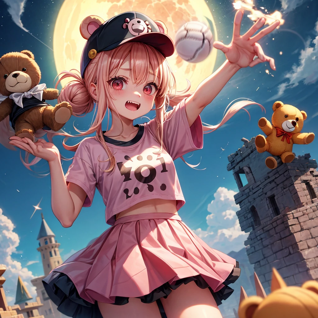 Pink Blonde、Red eyes、Hair tied up、One cute girl、solo、And soul、Checked mini skirt、black t-shirts、one piece、bear ears baseball cap、large tree、Thundercloud、Burning Full Moon、desert、Iron ore piles up、Teeth are visible、Fortress City、Tilting face、Starry Sky、firework、A teddy bear is jumping