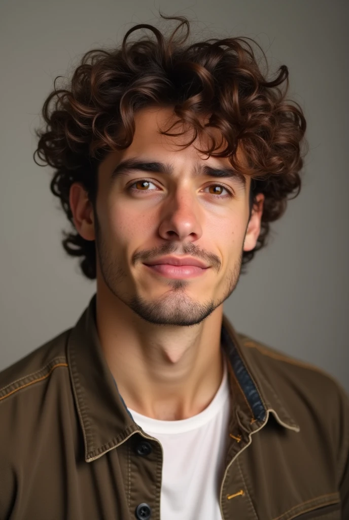 He is a man. He is tall. He has brown curly hair. He is humorous. He has big shoulders. He has square face with big brown eyes, straight nose and full lips. His body is fit.
