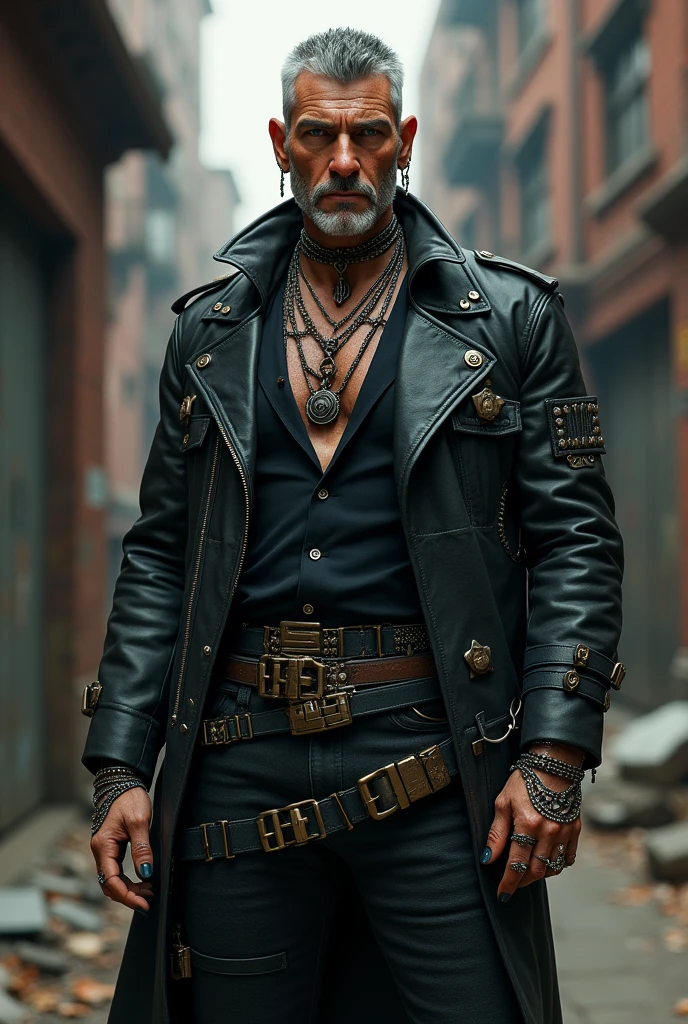 Cool middle age man with lots of piercing and wearing urban style outfit 