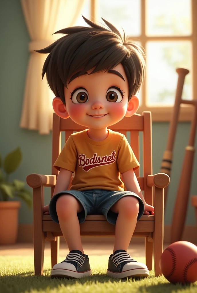 A body boy sitting on chair face front of camera chair side bat and ball face littile smile