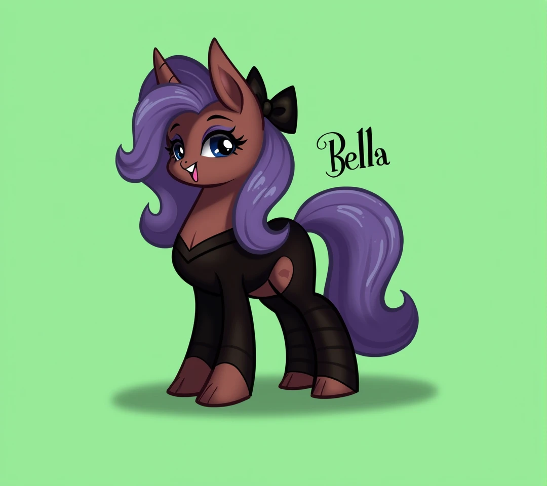 (My little pony), detailed face, black panties, purple hair, dark brown body, dark blue eyes, eyelids, eyeshadow, bow, big breasts, seductive face, (high detailed), ((black thong)), striped stockings, cleavage line, text "Bella"