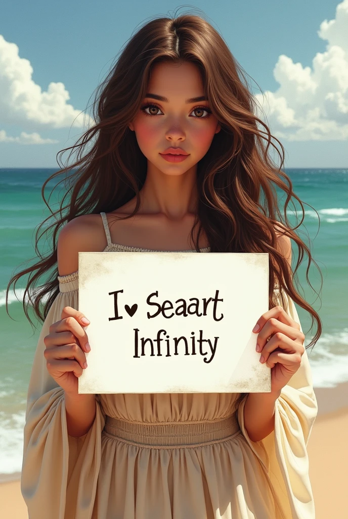 Beautiful girl with wavy long hair, bohemian dress, holding a white board with text "I Love Seaart Infinity" and showing it to the viewer