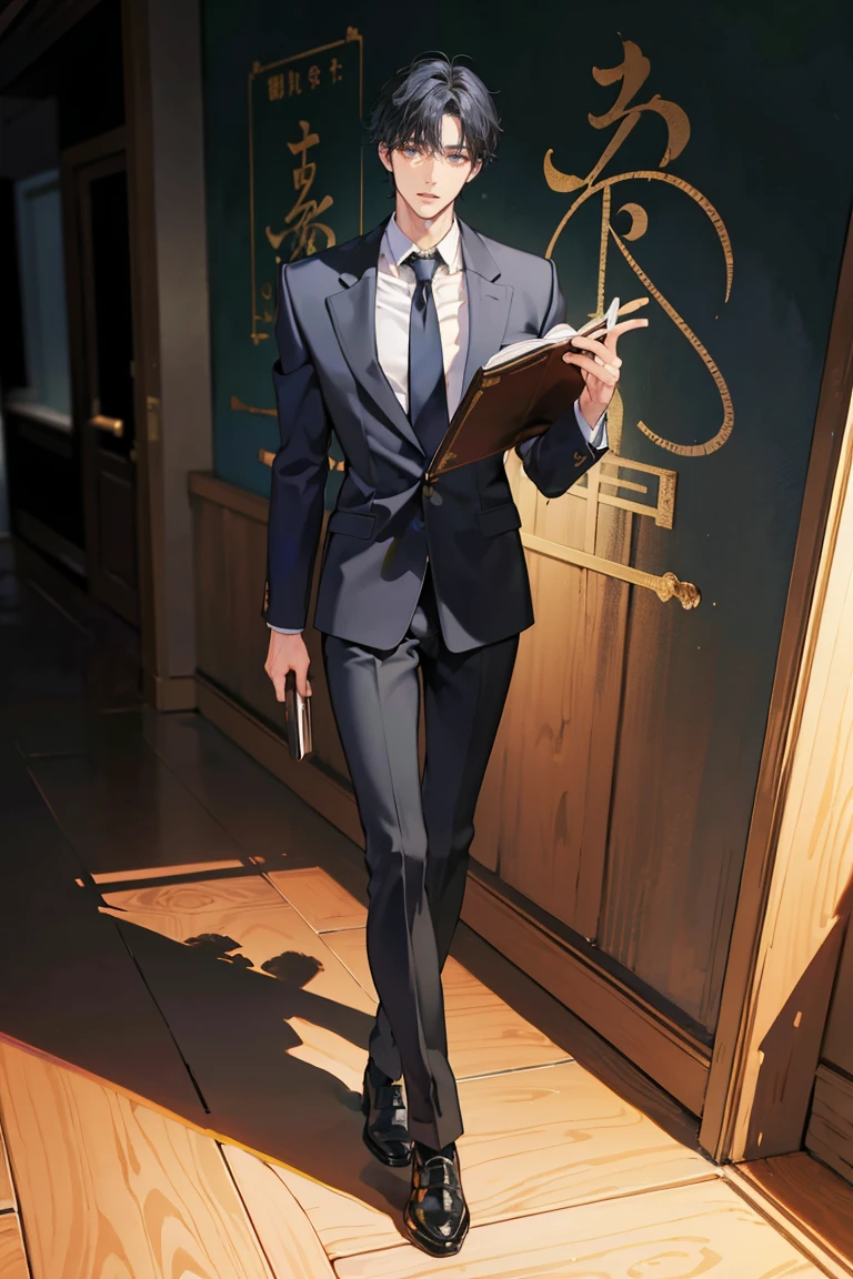 (masterpiece), best quality, seductive eyes, perfect face, handsome man, dark black eyes, messy short length black hair, brown skin, long nose, teacher uniform, black necktie, full body, he's a teacher, extremely tall man, long legs, long calves, anime cover, 1boy, ear piercings, adult-like look, manhwa character, male teacher, school background, he's standing and leaning on the wall with a green blackboard in the background and he's reading a book with his right hand
