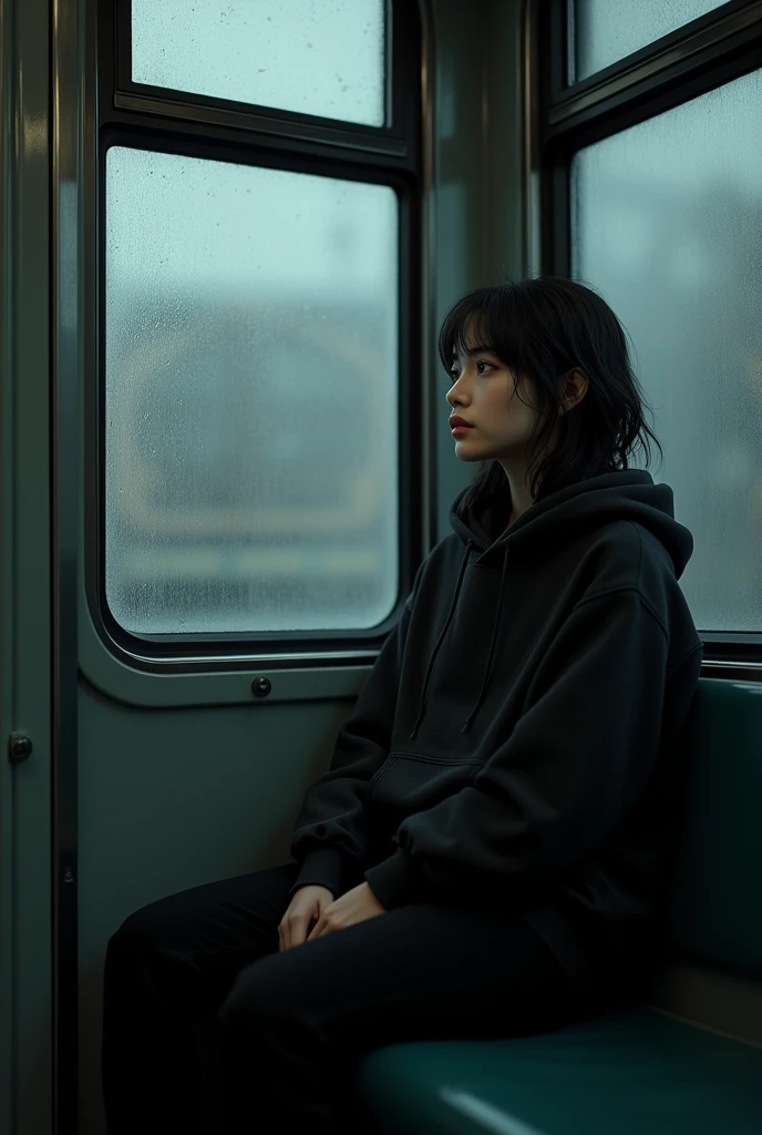 beautiful girl  , realistic , black pants and black hoodie inside the train  with outside raining in window 