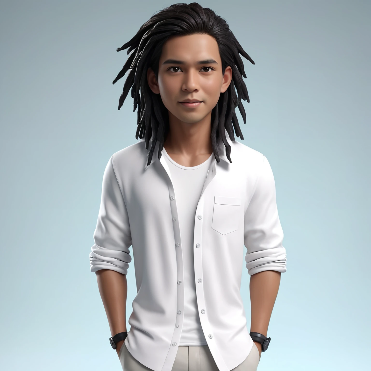 Create a 3D animation of a cartoon caricature with a big head. a 20 year old Indonesian man. He has short black hair parted on the right side. His face is oval with smooth lines, thick and neat black eyebrows, normal eyes, a big nose, and thin lips with a wide, friendly smile. He wore a light gray leather jacket over a white t-shirt. Gradient blue background with professional lighting. masterpiece, top quality, highly detailed skin and face, ultra-realistic, high definition, studio lighting, sharp focus, 2/3 body angle, Concept Art, 3D rendering.