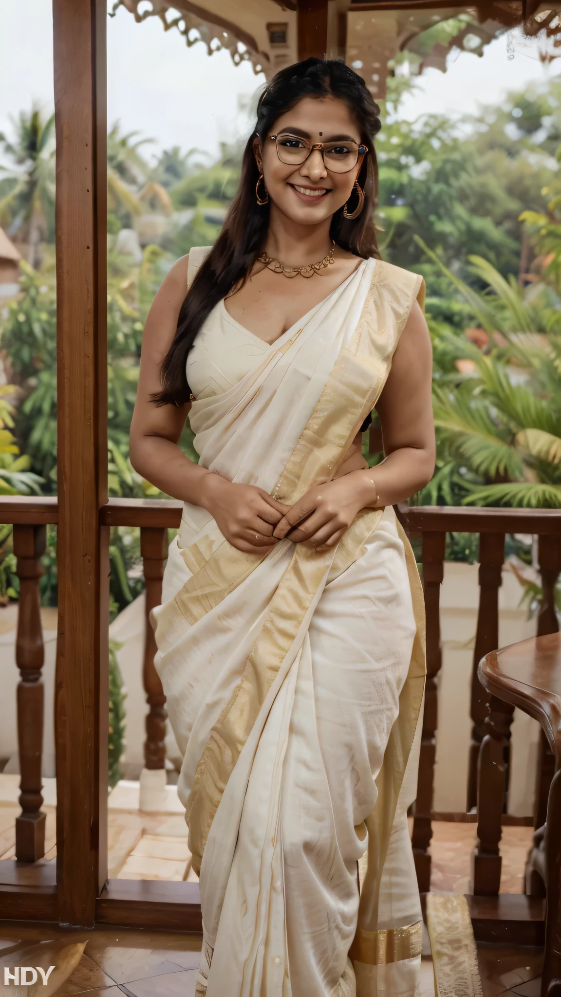 Indian woman wearing wearing (onam saree), (young woman), 25 years old, (curvy figure:1.3), (eyeglasses), (bindi), An Indian beauty, charismatic, light Indian- skin, view the viewer, naughty smile, luxurious villa in background, both eyes are the same, full-body shot, hd, 2k, 4k , 8k,