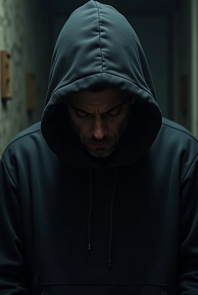 A man in a black hoodie opens the door，Ran out in a panic，decrepit，Paint off，dark blue tint