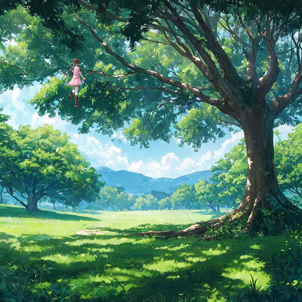 Back view of a girl standing under a tree and looking up at it。A girl with brown hair tied in a single braid、Pink jersey、Short sleeve、Pink boots。