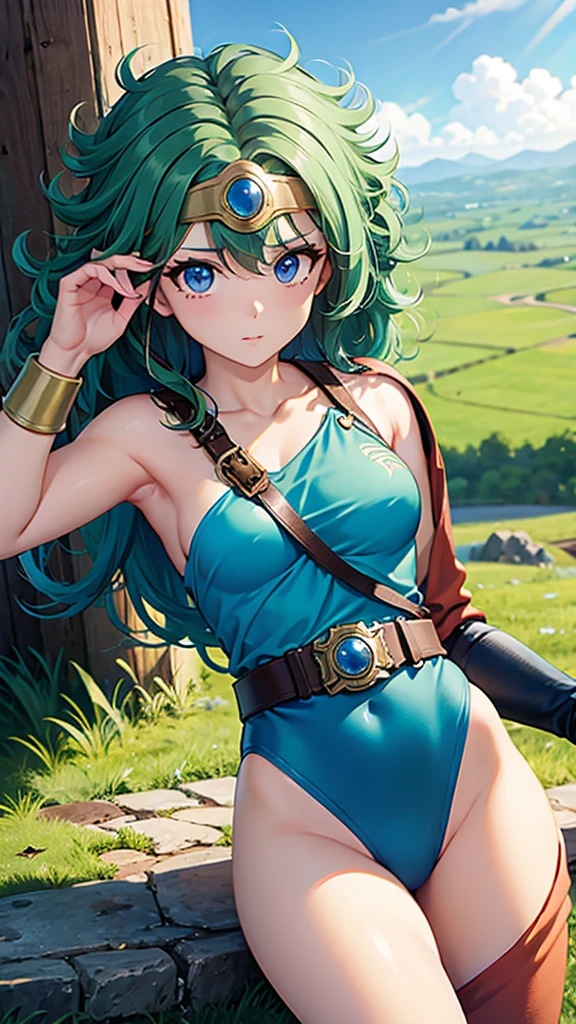 (((SFW、sound、Highest quality、First class work、Normal body、、Detailed face、Ultra-precision、Normal hand、通常のrefer to、5refer to、Highest)))、beautiful girl、yamato nadeshiko、Small breasts、Shortcuts、Blue leotard、Shoulder Off、Red Cape、Circlet、Bastard sword、shield、Dragon Quest、grassland、Depict every detail、Noise is kept to a minimum