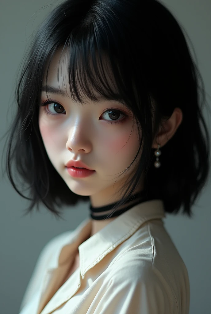 neat girl is beautiful japanese female and beautiful russian female mixed race only in the face age is features of the whole body black hair medium straight bob cut hair style beautiful small face with short eyelashes boyish eyes only high nose dark blue pupils very thin upper lip milky white skin accurate attractive body shape beautiful bust waist hip s thighs knees legs choker and tie on neck shirt with collar