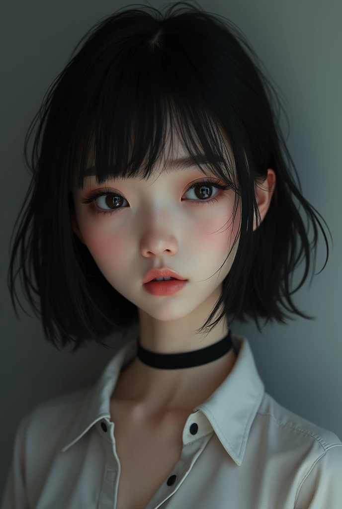 neat girl is beautiful japanese female and beautiful russian female mixed race only in the face age is 17 features of the whole body black hair medium straight bob cut hair style beautiful small face with short eyelashes boyish eyes only high nose dark blue pupils very thin upper lip milky white skin accurate attractive body shape beautiful bust waist hip s thighs knees legs choker and tie on neck shirt with collar