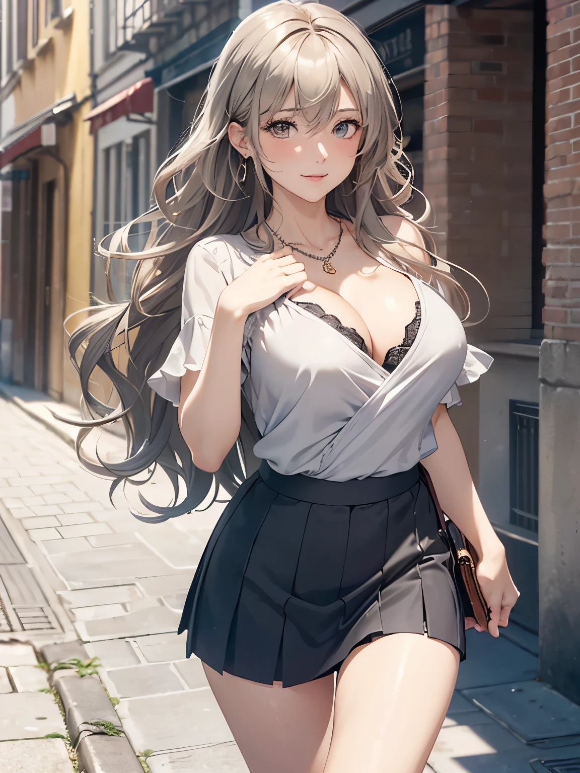 (Top Quality, High Resolution, Masterpiece, 4K), (soft light, shiny hair, beautiful eyes), young woman, full body view, lovely smile, ((long wavy hair, bangs, light colored hair)), ((greedy eyes, gray eyes, perfect eyes)), ((detailed face, blush:1.1)), (( Smooth texture:0.75, Realistic texture:0.65, Realistic:1.1, Animated CG style)), Large breasts, cleavage, seductive body, (random wrap blouse, tight skirt, attractive thighs visible), Pretty necklace, cute earrings, (Walking along the cobblestone streets along the coast), strong sunlight, hand in own hair, showing chest with smiling , from above++, holding sunglasses in mouth, gesture of hair tied back with both hands, dynamic pose