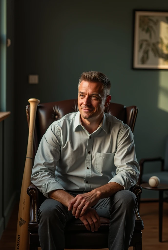 A man sitting on chair face front of camera chair side bat and ball face littile smile